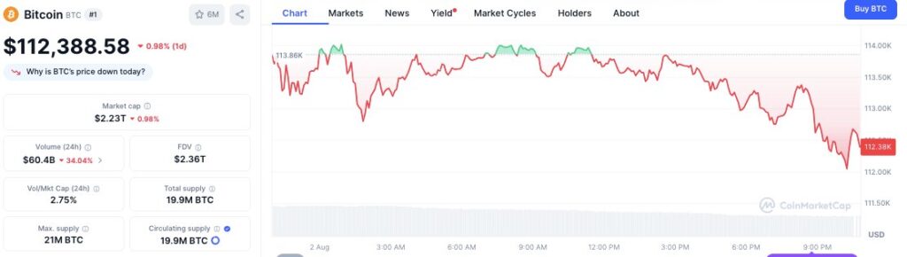 Bitcoin Slides to $112.3K as Indicators Turn Bearish and Trading Volume Decreases 1 BTC/USD Price Chart