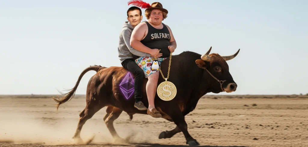 Vitalik Buterin of Ethereum and Mark Zuckerfart of Solfart riding a bull