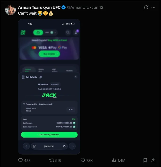 Screenshot of Arman Tsarukyan's tweet showing his jack.com bet slip: USDT 1,000,000 on Gaethje at 5.70 odds, estimated payout USDT 5,700,000.