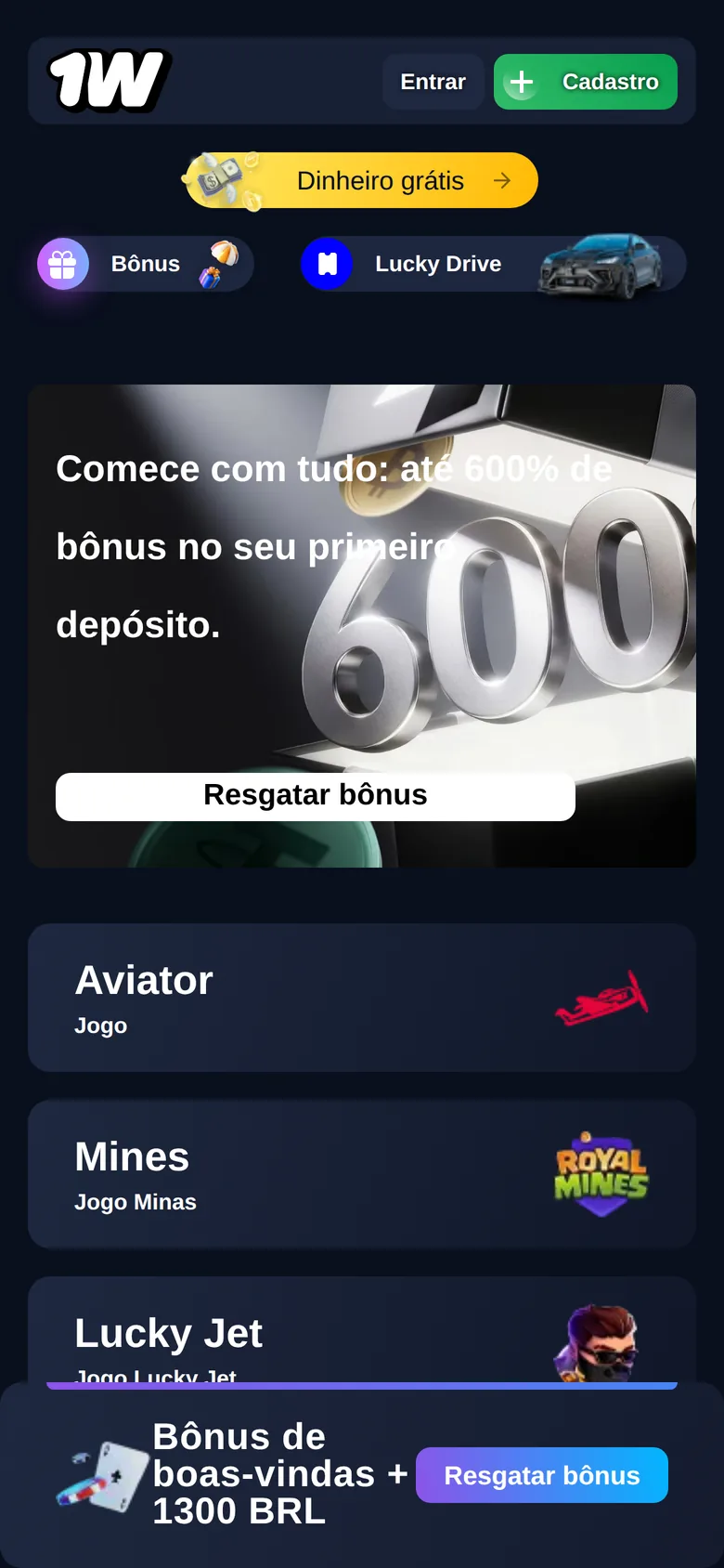 1win mobile interface — screen 1