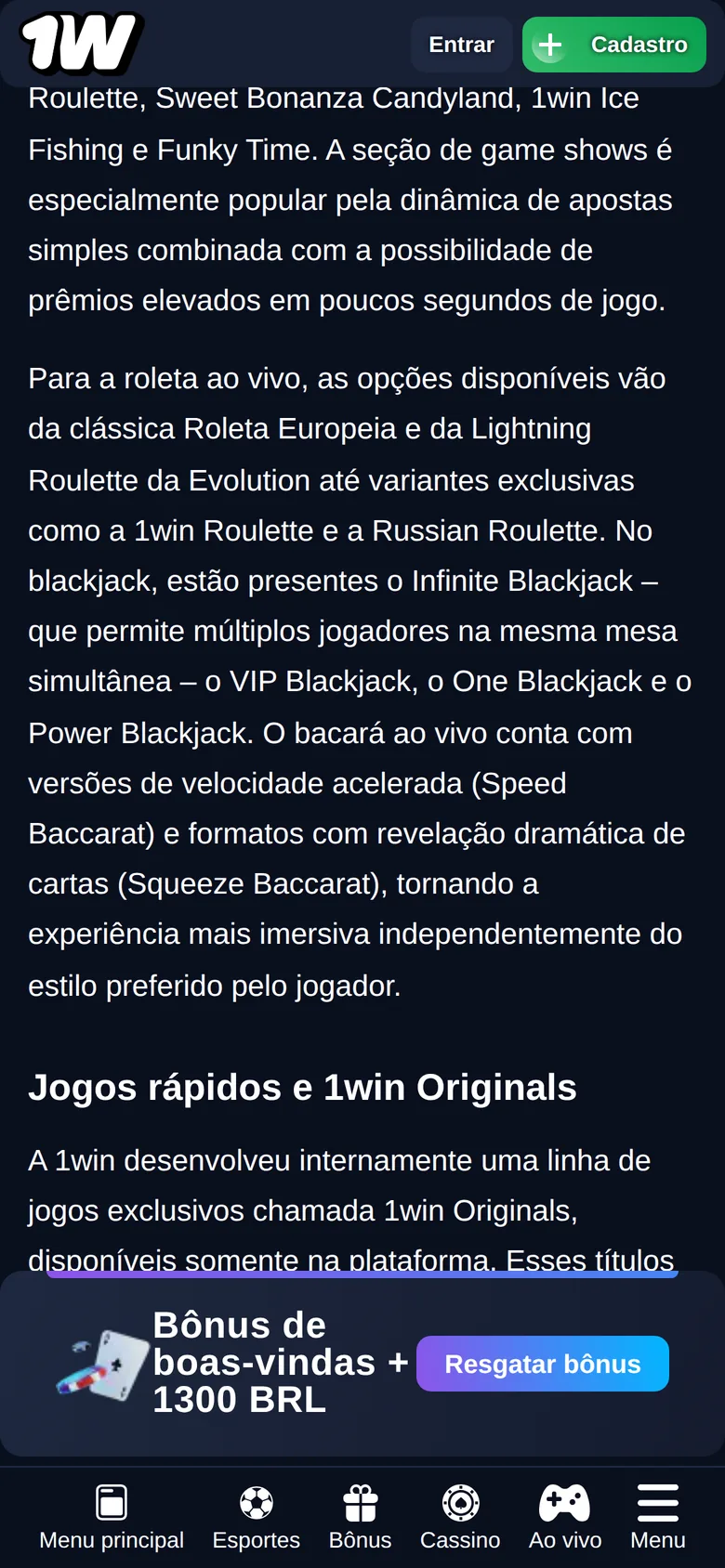 1win mobile interface — screen 2