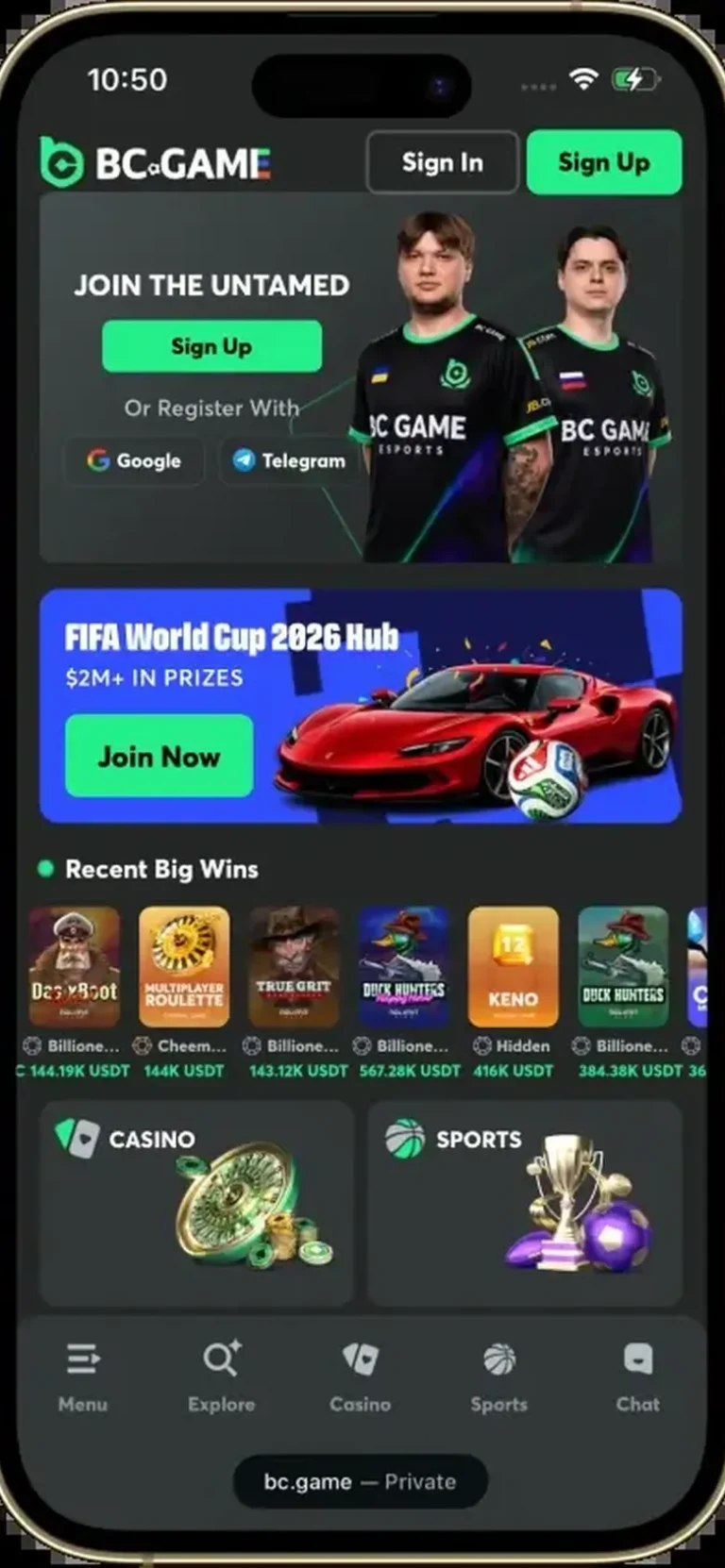 BC.Game mobile casino interface screen 1