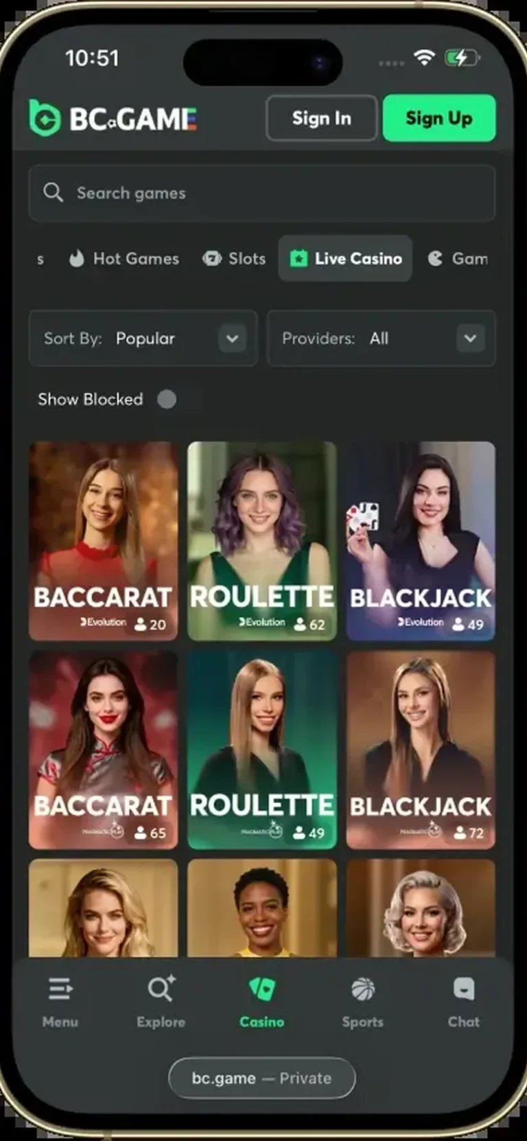 BC.Game mobile casino interface screen 2