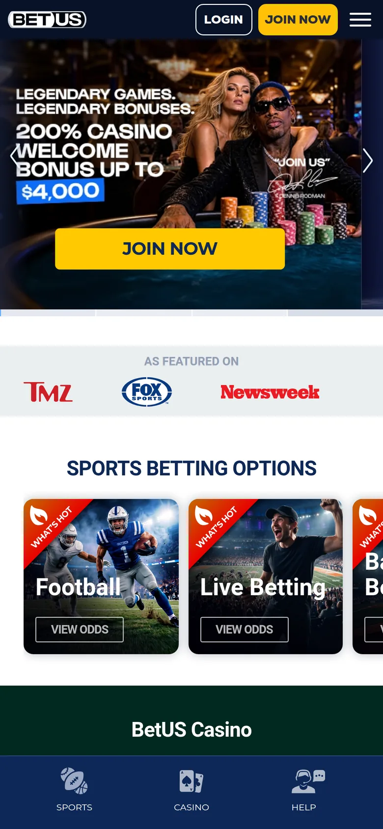 BetUS mobile interface — screen 1