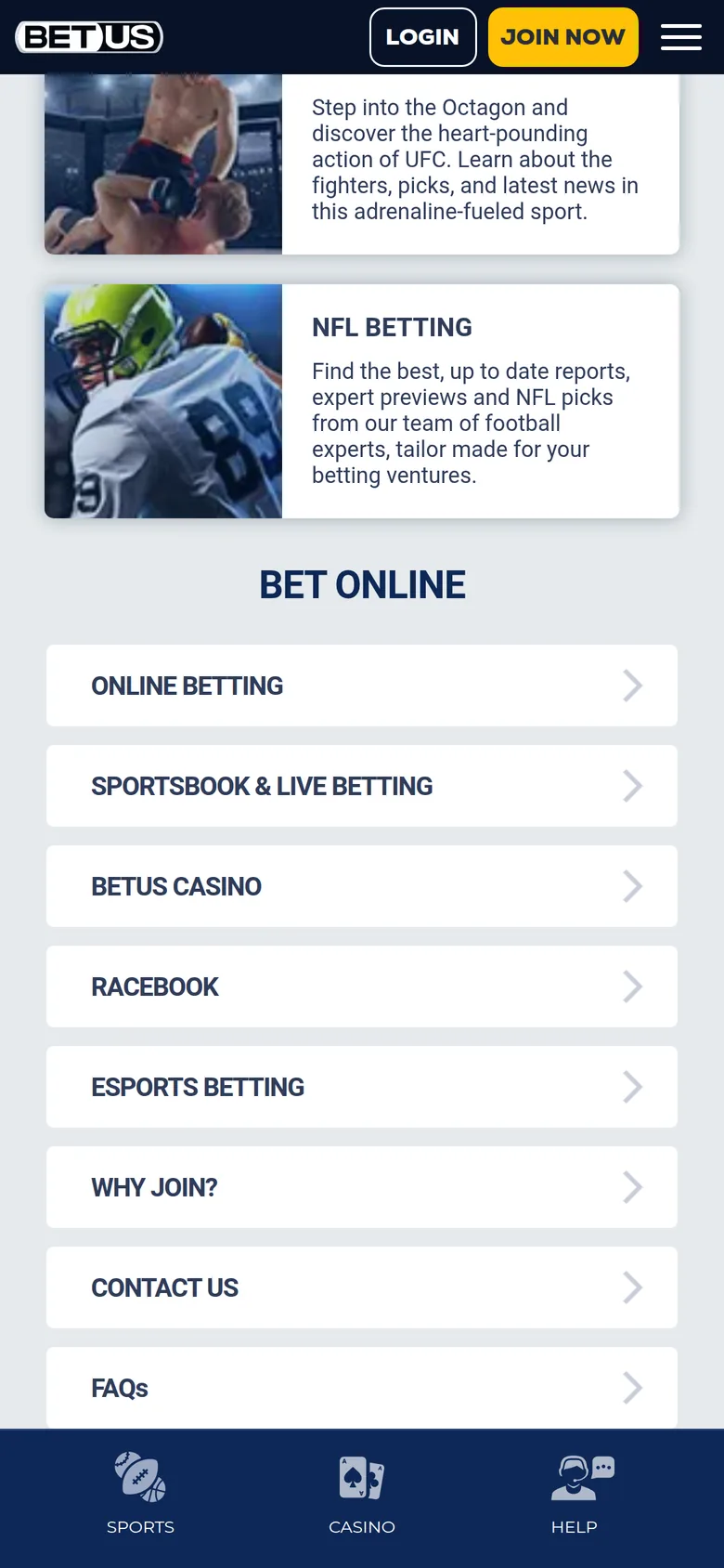 BetUS mobile interface — screen 2