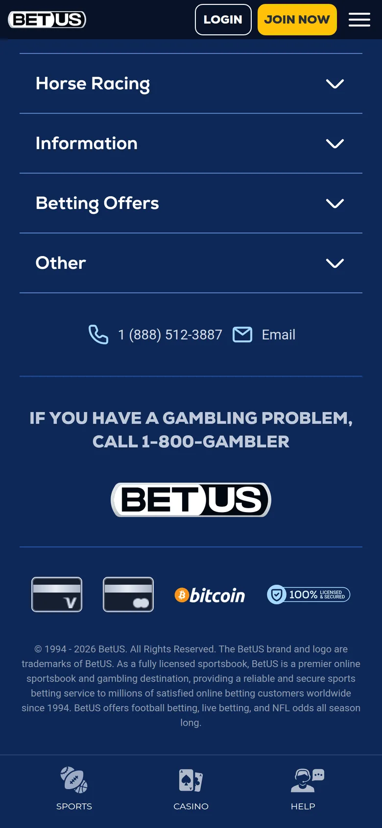 BetUS mobile interface — screen 3