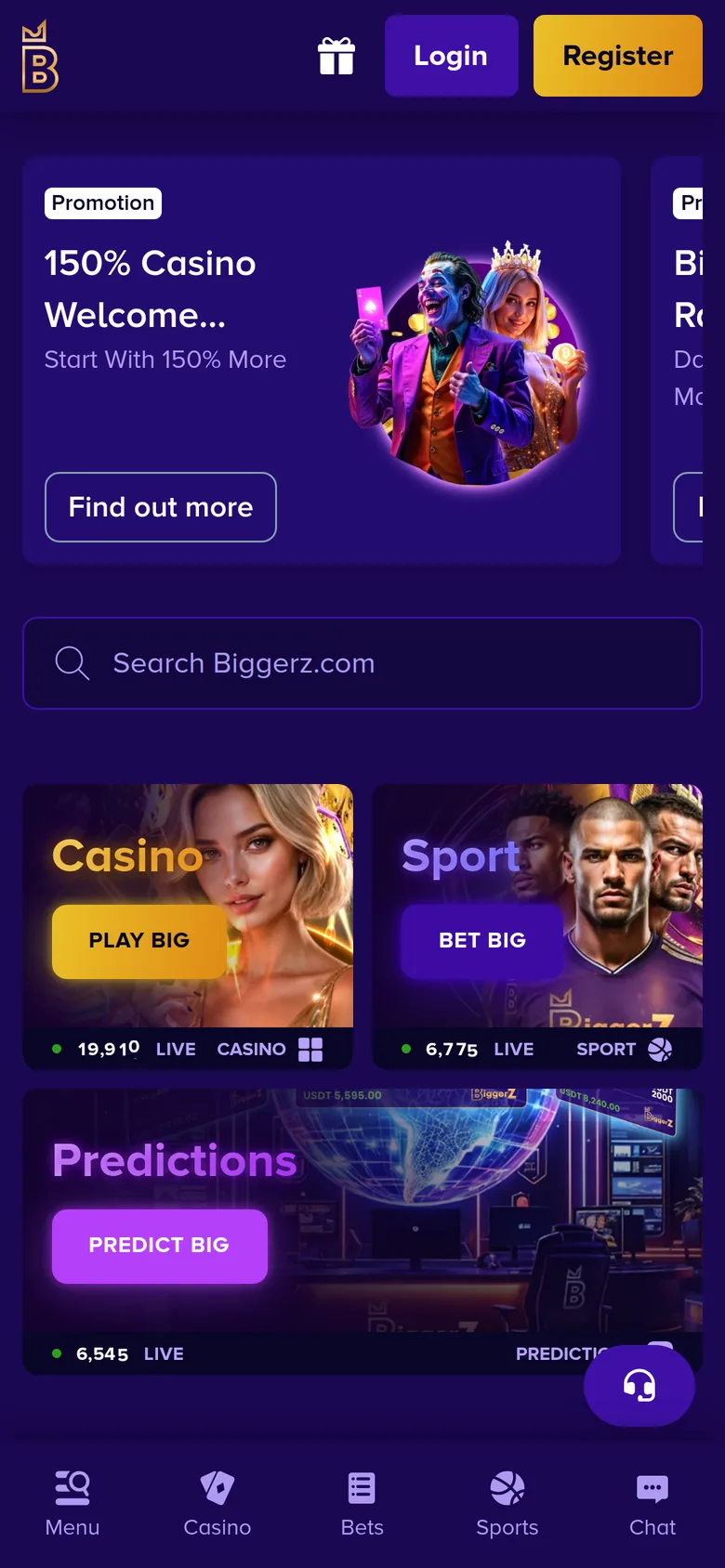 BiggerZ mobile interface — screen 1