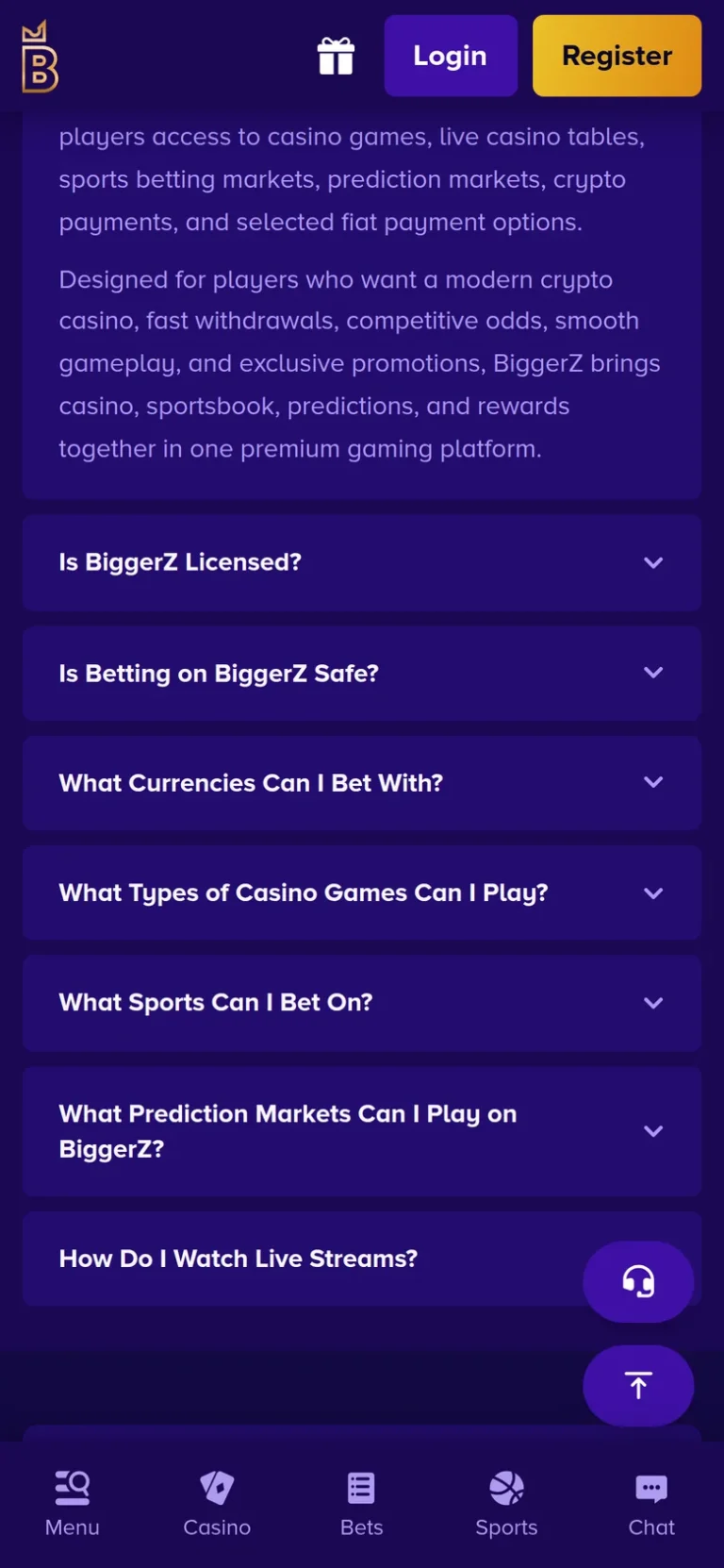 BiggerZ mobile casino interface screen 2