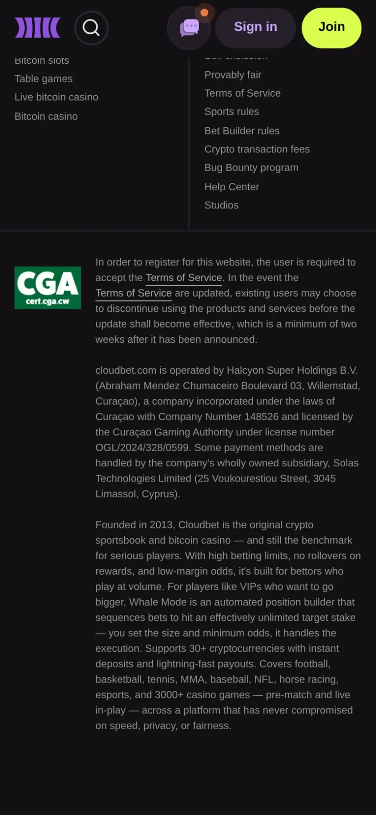 Cloudbet mobile casino interface screen 3