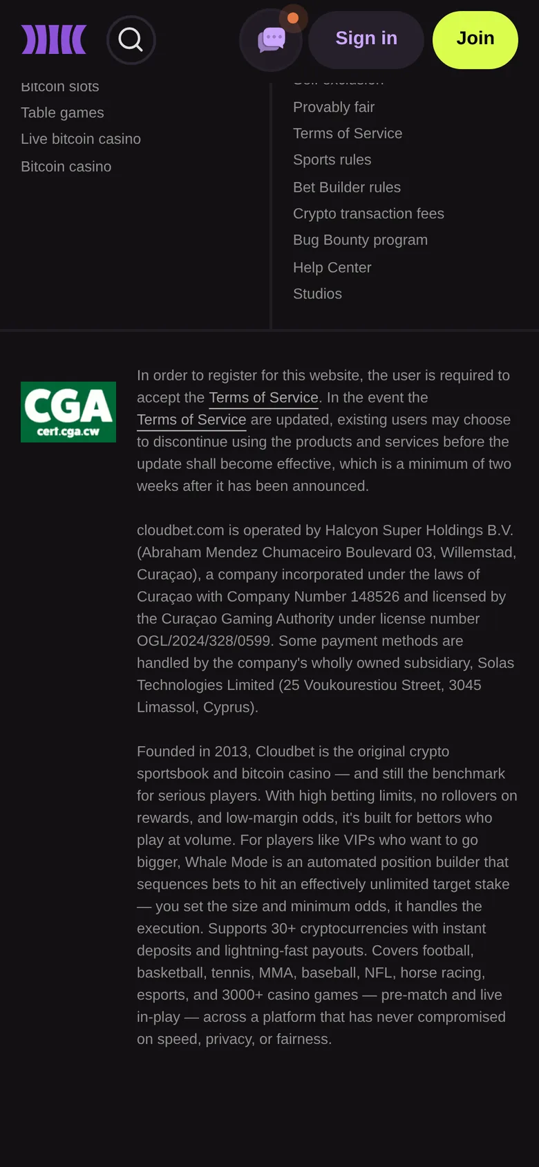 Cloudbet mobile interface — screen 3