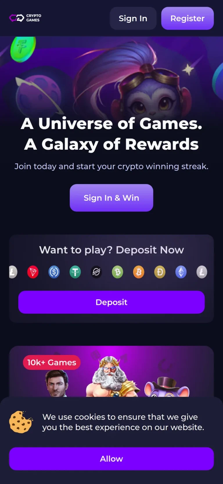 Crypto-Games mobile casino interface screen 1