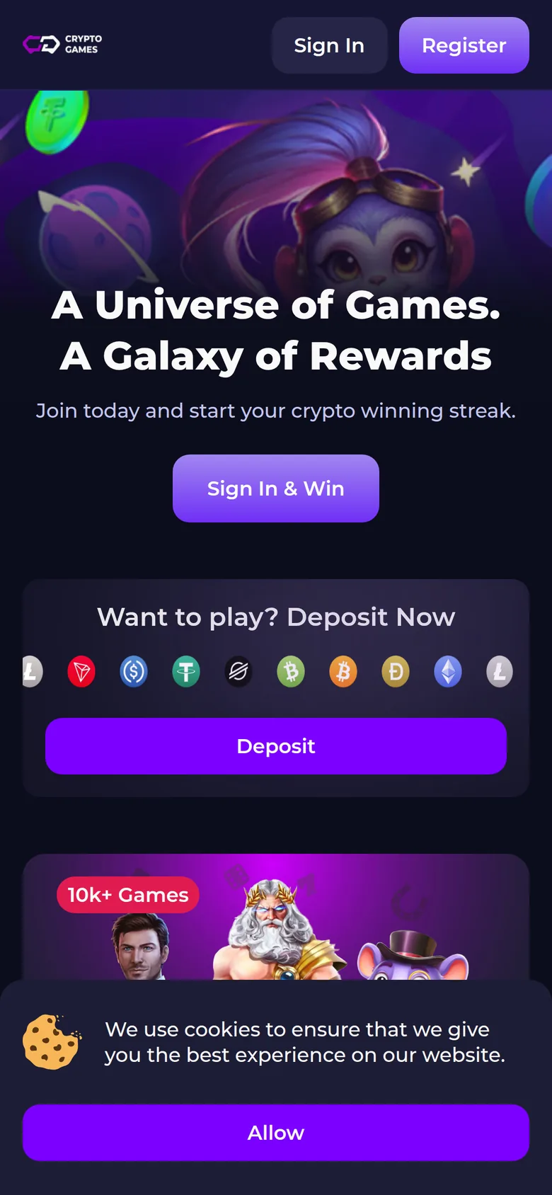 Crypto Games mobile interface — screen 1