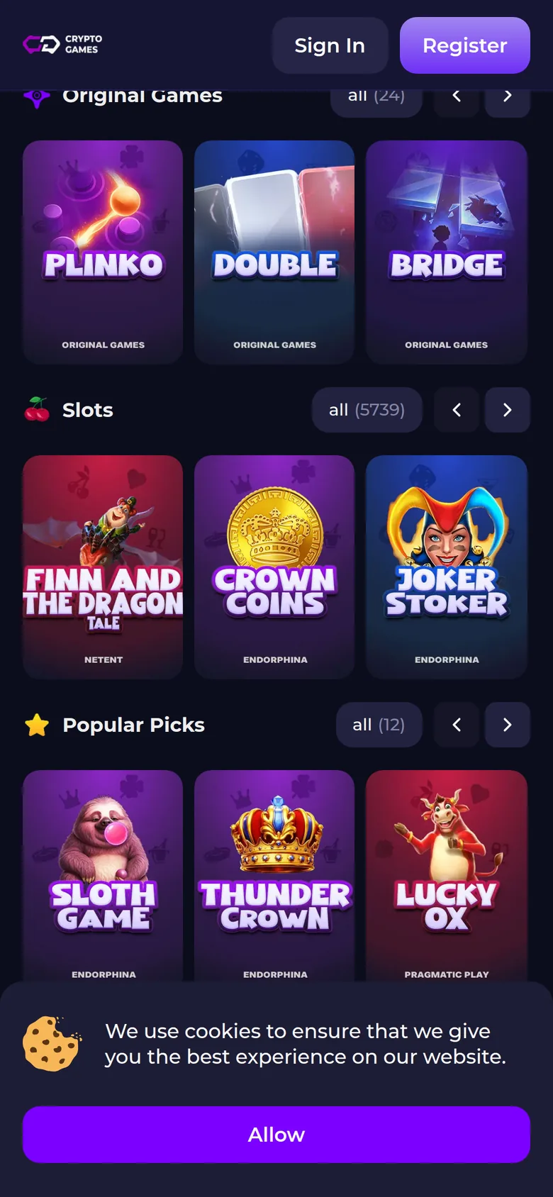 Crypto Games mobile interface — screen 2