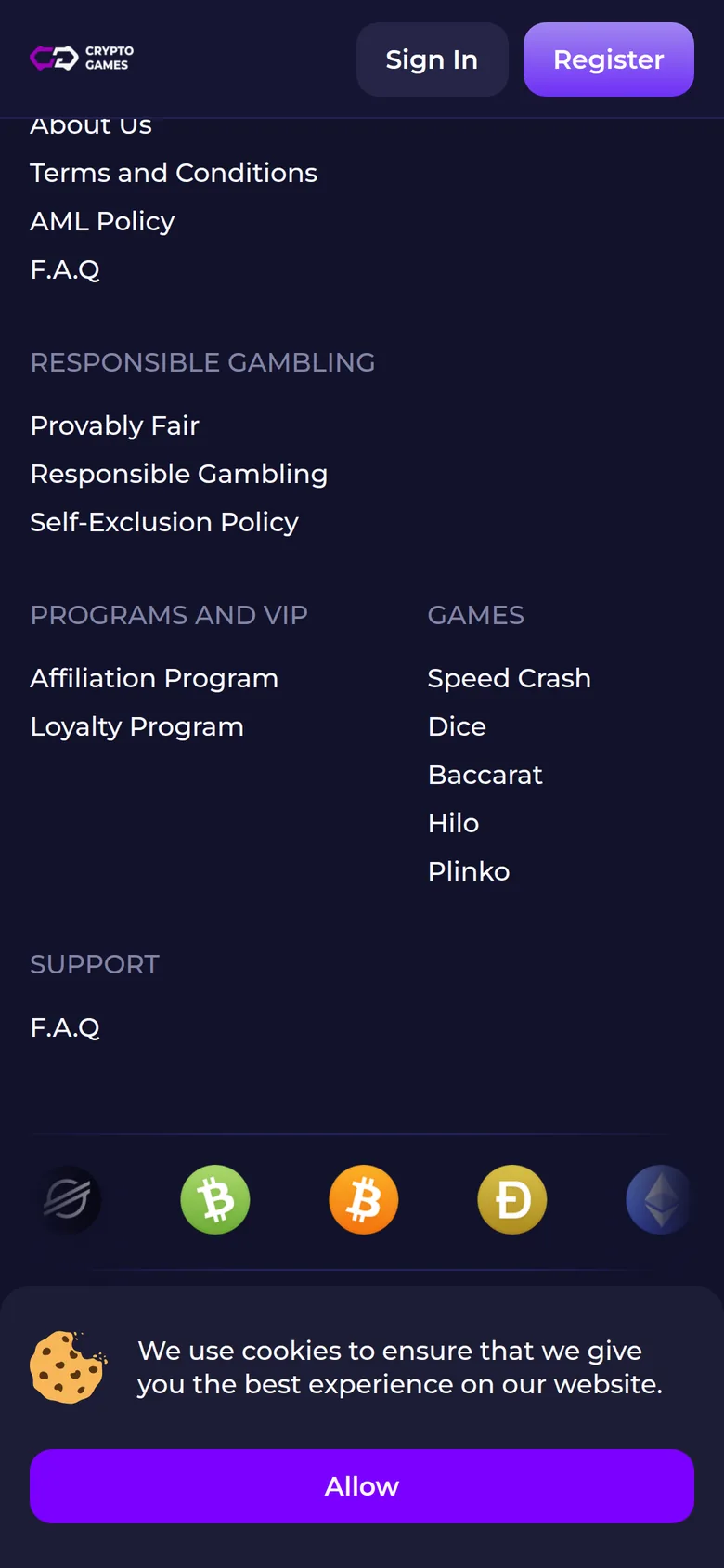 Crypto Games mobile interface — screen 3