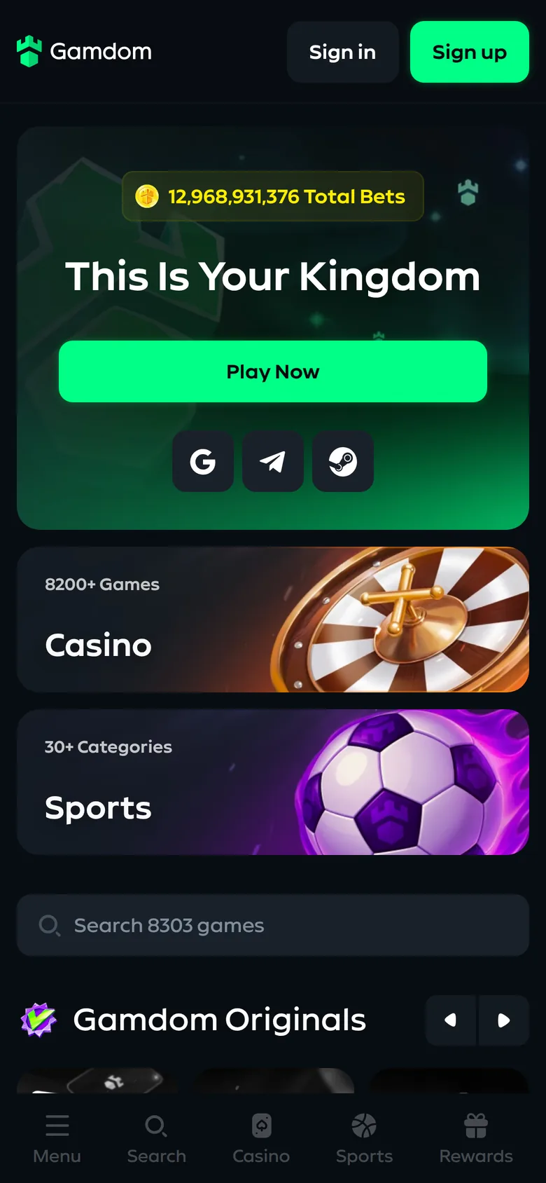 Gamdom mobile interface — screen 1