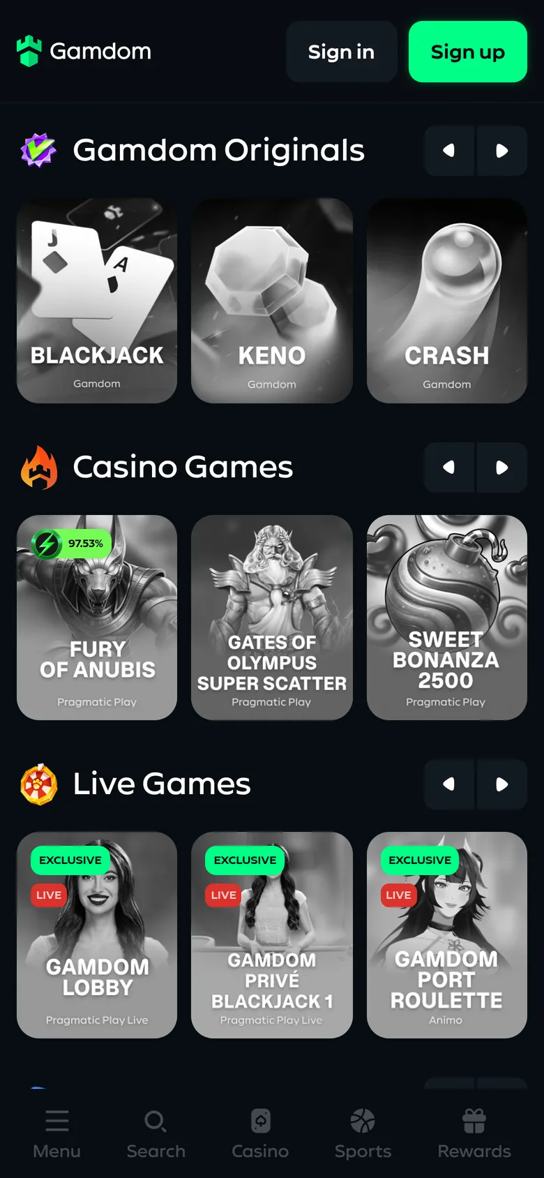 Gamdom mobile interface — screen 2