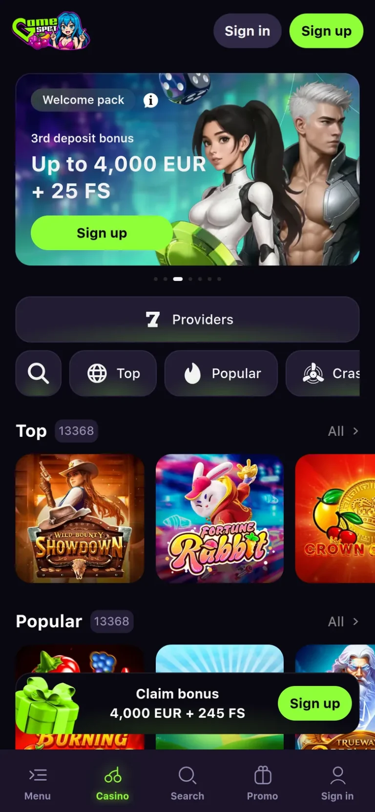 GameSpot mobile casino interface screen 1