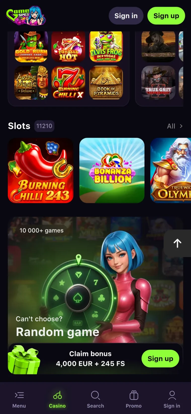 GameSpot mobile casino interface screen 2
