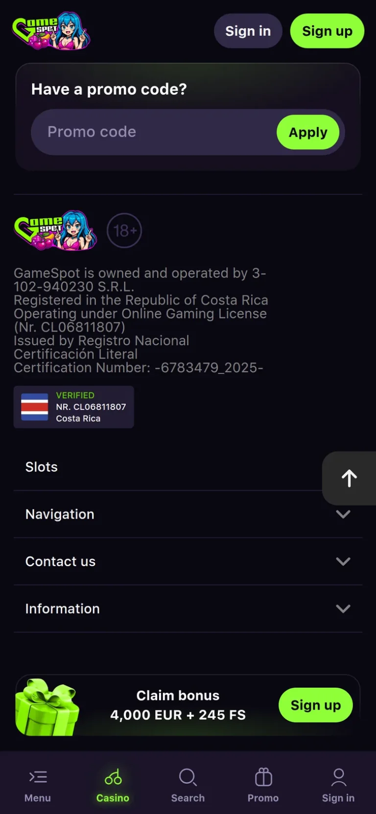 GameSpot mobile casino interface screen 3