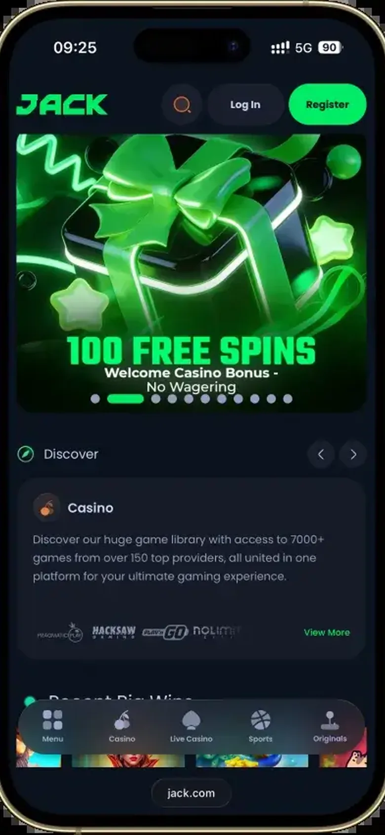 Jackbit mobile interface — screen 1