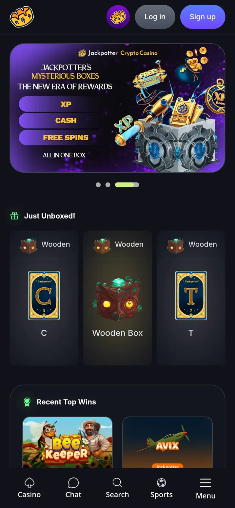 JackPotter mobile casino interface screen 1