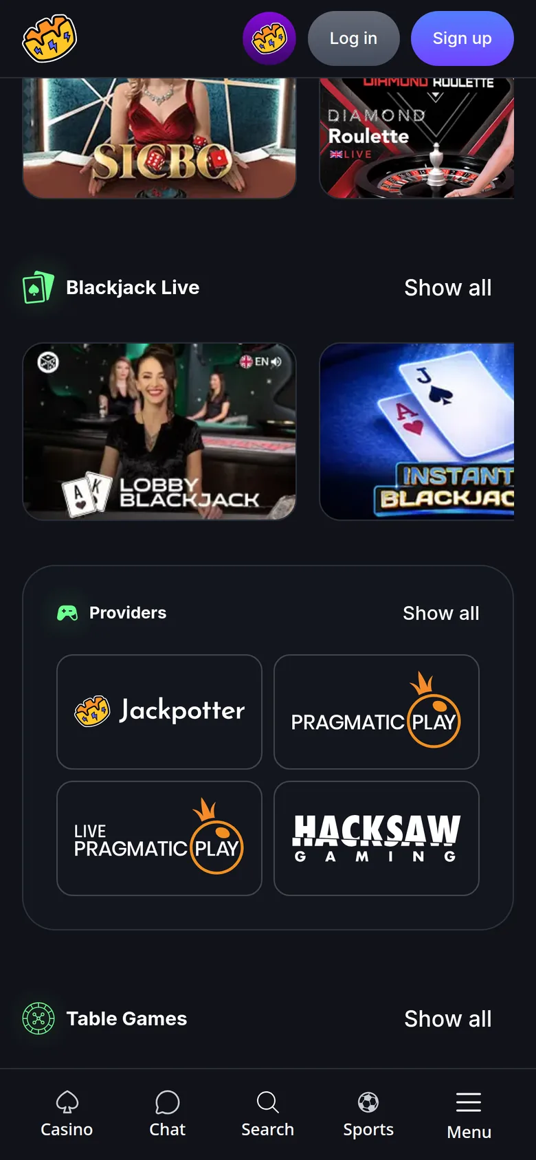 JackPotter mobile interface — screen 2