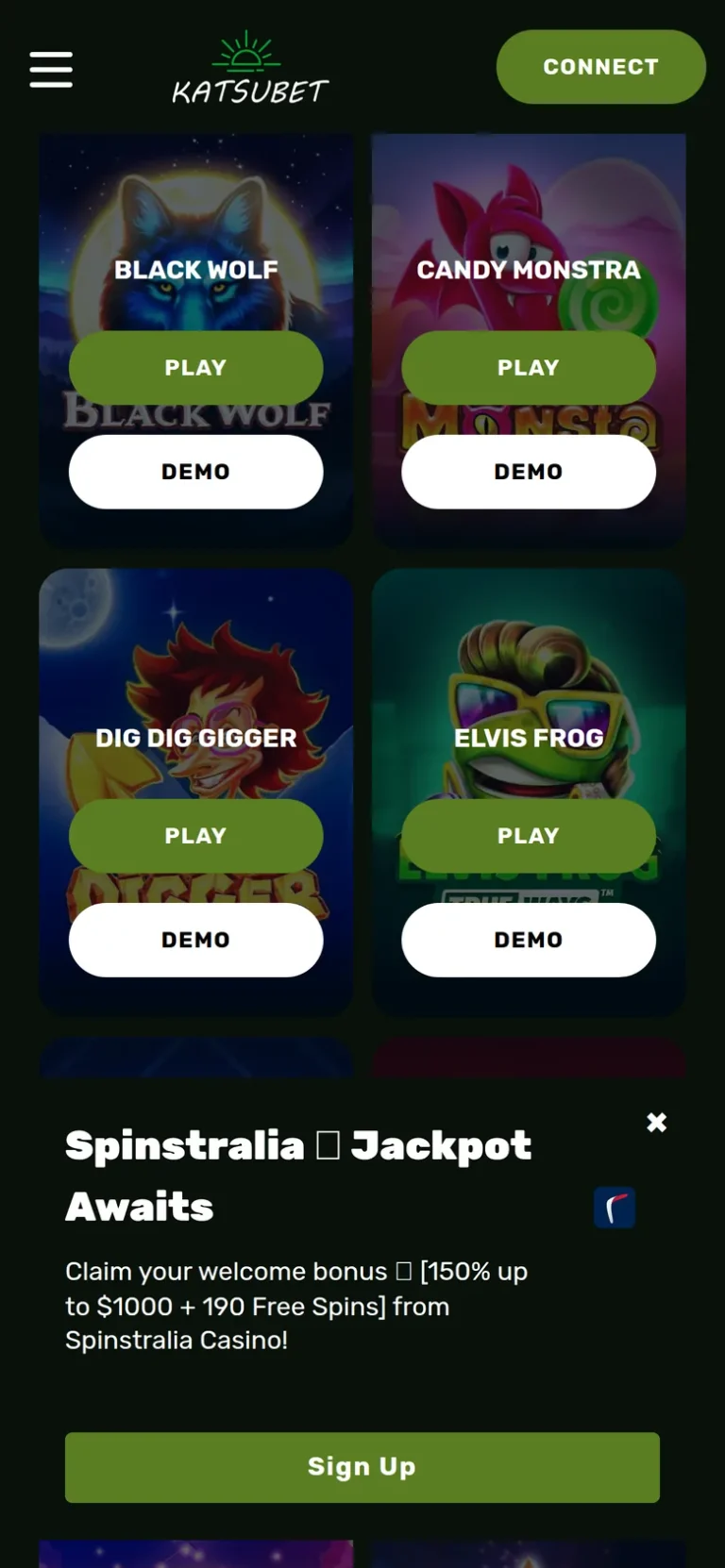 Katsubet mobile casino interface screen 1