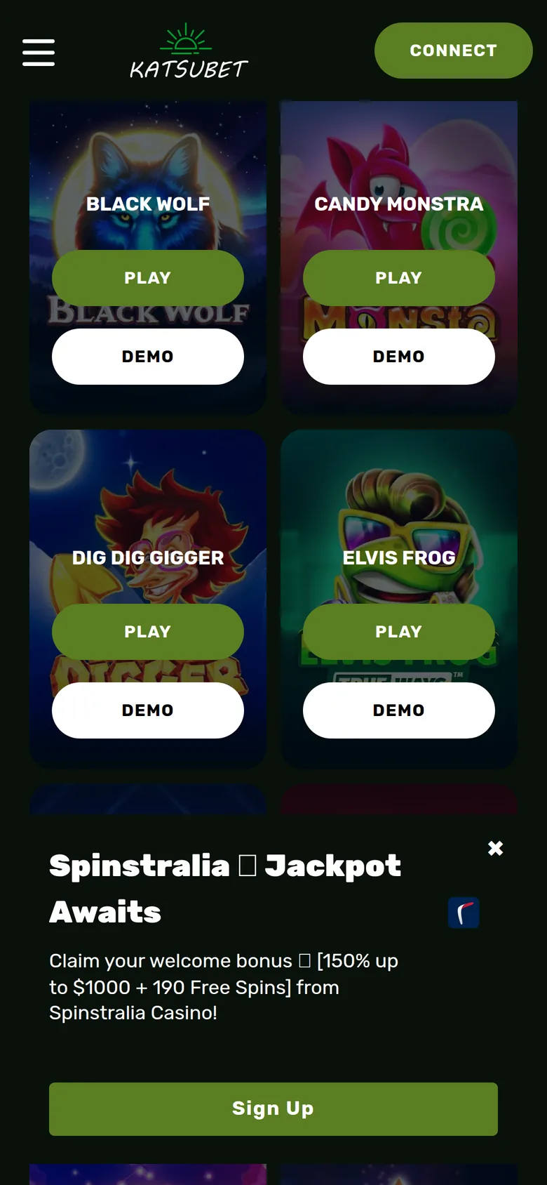 Katsubet mobile interface — screen 1