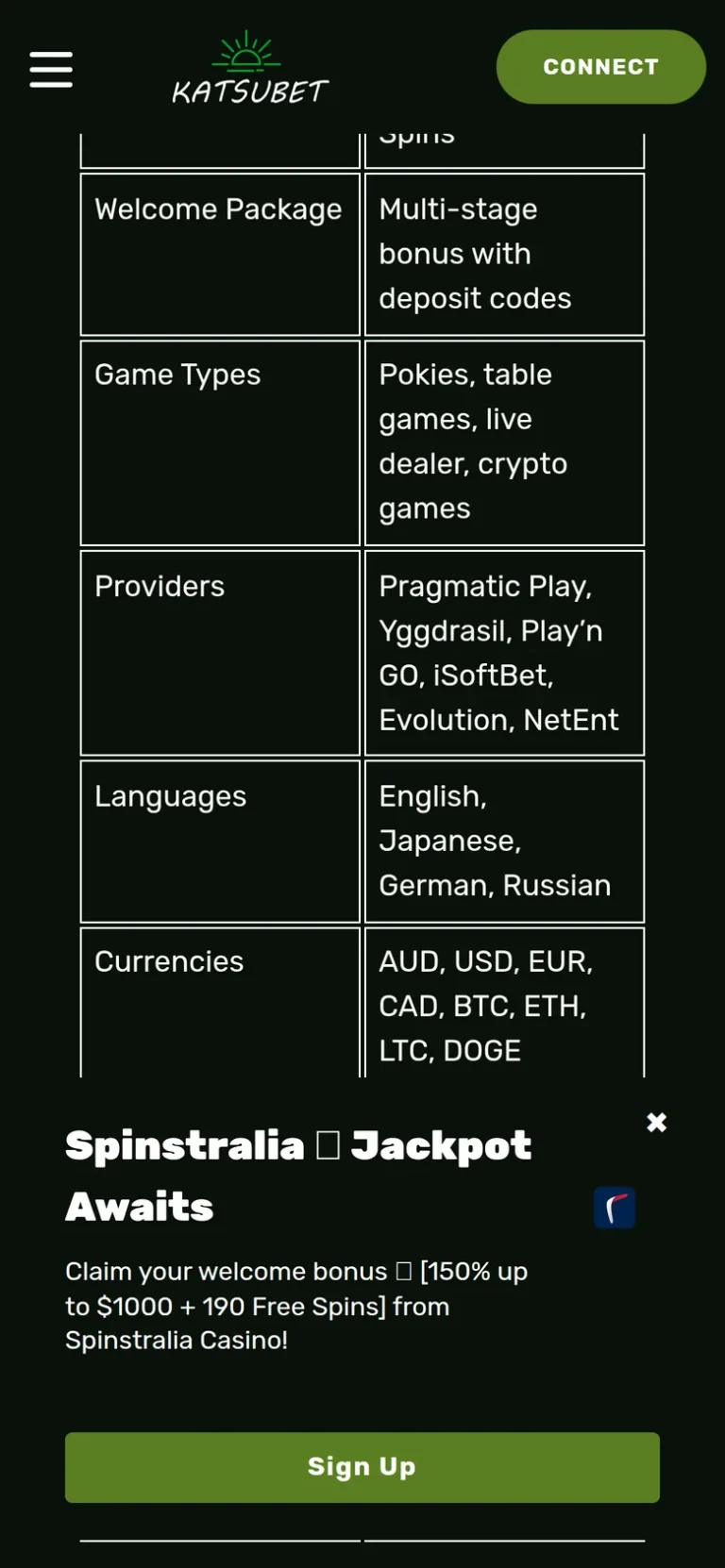 Katsubet mobile casino interface screen 2