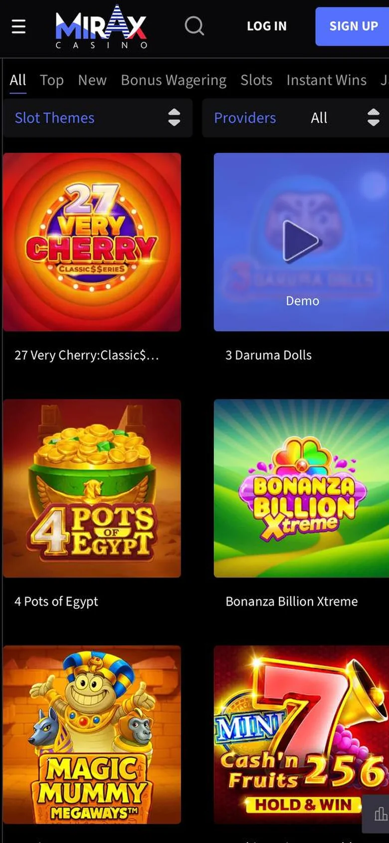 Mirax mobile interface — screen 1