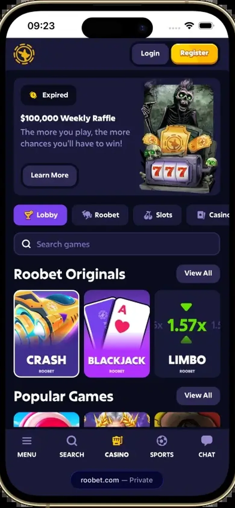 Roobet mobile interface — screen 1