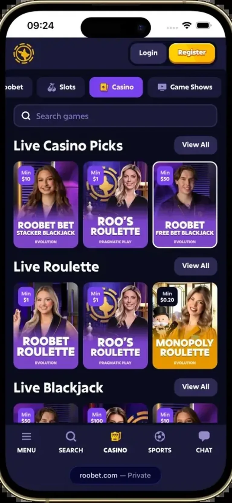 Roobet mobile casino interface screen 2