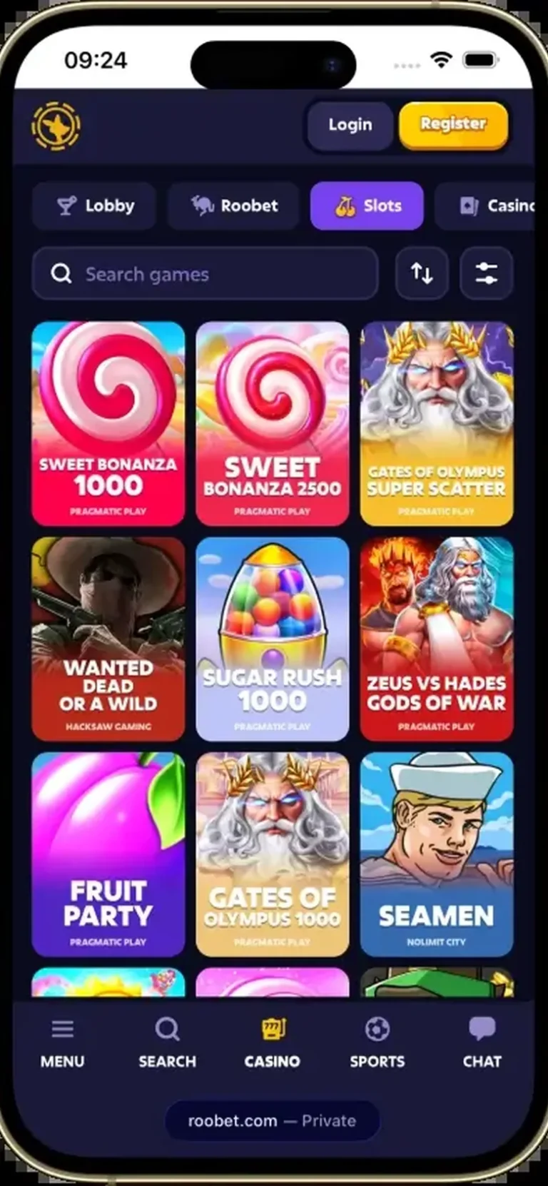 Roobet mobile casino interface screen 3