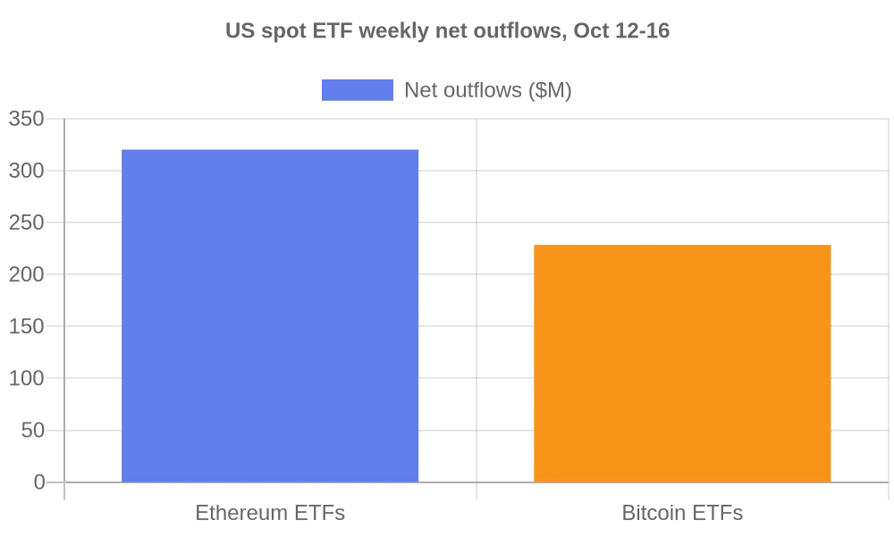 Ethereum ETFs Lose $320M a Week as Bitcoin Funds Hold the Line 1 Bar chart: Ethereum ETF weekly net outflows of $320.1M vs Bitcoin ETF outflows of $228.4M for October 12-16