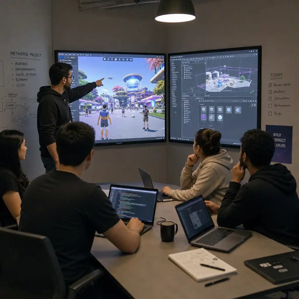 Development team reviewing a 3D metaverse world and game environment on large screens