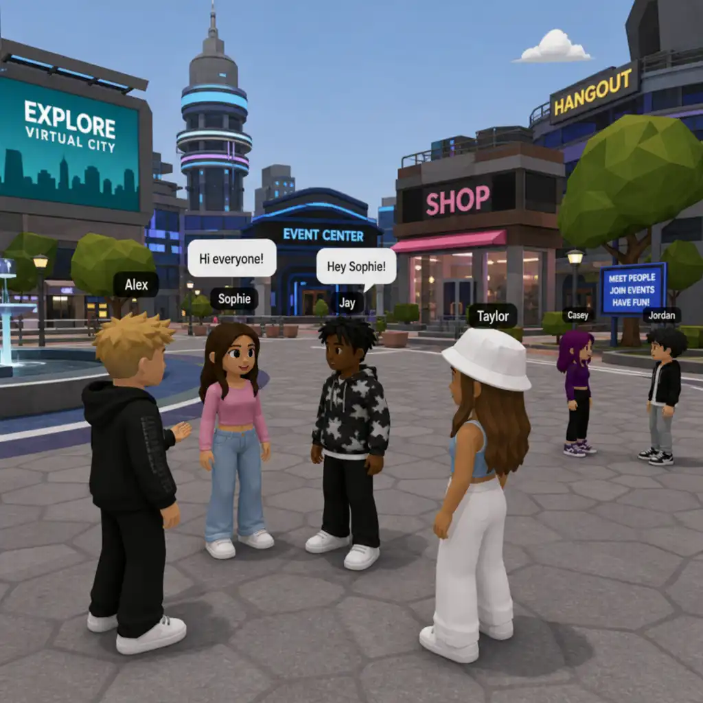 Avatars chatting in a shared metaverse city plaza with event center, shop and hangout areas