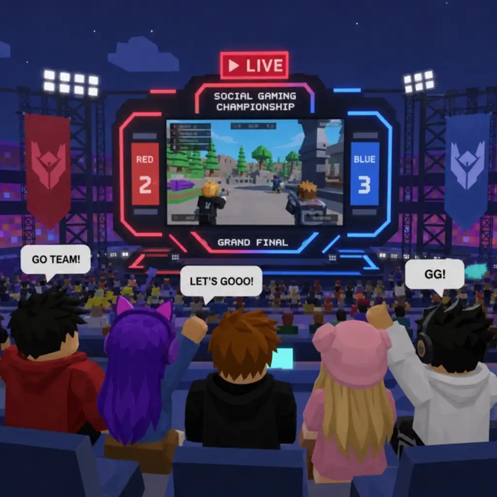 Avatars cheering at a live social gaming championship grand final in a virtual stadium